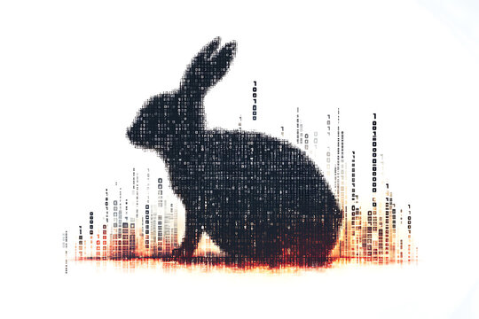 A futuristic digital illustration of a rabbit silhouette, featuring a binary code pattern and glowing effects on a white background.
