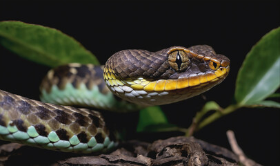 Fototapeta premium A green tree viper with a yellow stripe on its head is perched on a branch in a forest