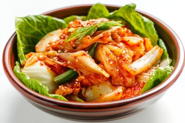 Kimchi, A traditional fermented vegetable dish, typically made with napa cabbage and Korean radishes, seasoned with chili powder, garlic, ginger, and salted seafood. isolated on white background