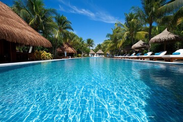 Obraz premium A stunning tropical pool surrounded by lush palms and thatched huts under a clear blue sky, perfect for relaxation.