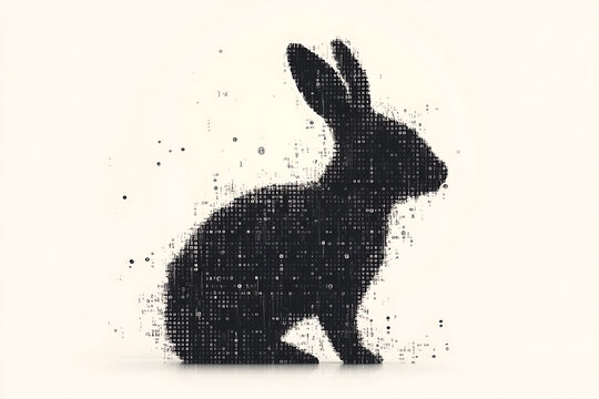A futuristic digital illustration of a rabbit silhouette, featuring a binary code pattern and glowing effects on a white background.
