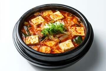 Kimchi Jjigae, A stew made with kimchi, tofu, pork, and various vegetables, often seasoned with gochujang or doenjang (fermented soybean paste). Isolated on White Background