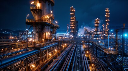 A vibrant industrial complex at night, showcasing illuminated structures and vibrant pipelines, reflecting the energy sector's innovation and efficiency.