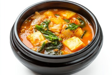 Kimchi Jjigae, A stew made with kimchi, tofu, pork, and various vegetables, often seasoned with gochujang or doenjang (fermented soybean paste). isolated on white background