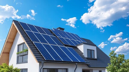 Fototapeta premium House with solar panels on roof under bright blue sky. Symbolizing renewable energy and sustainable living