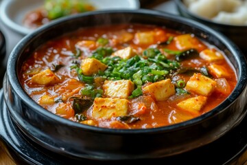 Kimchi Jjigae, A stew made with kimchi, tofu, pork, and various vegetables, often seasoned with gochujang or doenjang (fermented soybean paste).