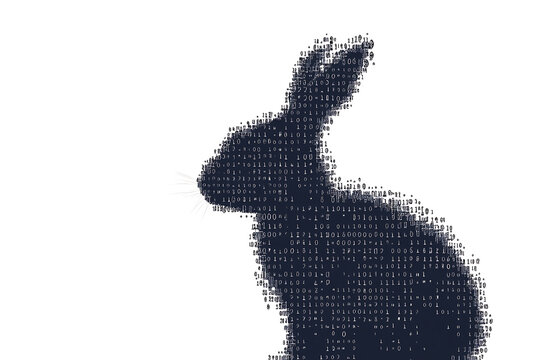 A futuristic digital illustration of a rabbit silhouette, featuring a binary code pattern and glowing effects on a white background.
