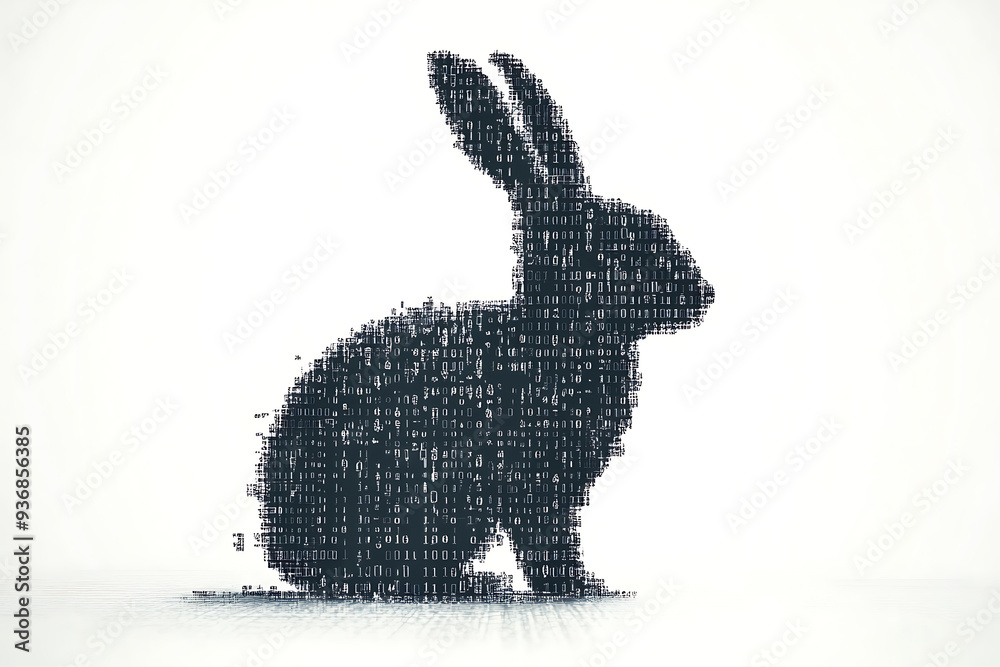 Wall mural a futuristic digital illustration of a rabbit silhouette, featuring a binary code pattern and glowin