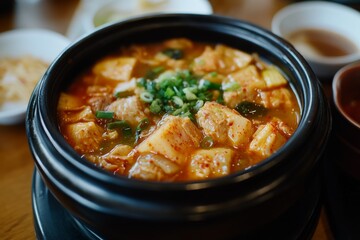 Kimchi Jjigae, A stew made with kimchi, tofu, pork, and various vegetables, often seasoned with gochujang or doenjang (fermented soybean paste).