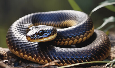 Obraz premium A black snake with a yellow stripe is coiled on the forest floor
