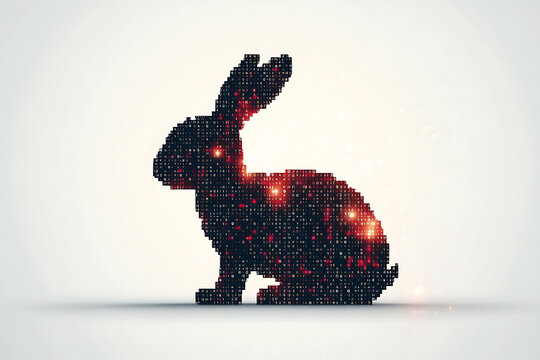 A futuristic digital illustration of a rabbit silhouette, featuring a binary code pattern and glowing effects on a white background.

