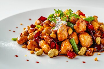 Kung Pao Chicken, A spicy, stir-fried chicken dish made with peanuts, vegetables, and chili peppers. Isolated on White Background