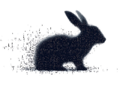 A futuristic digital illustration of a rabbit silhouette, featuring a binary code pattern and glowing effects on a white background.
