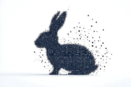 A futuristic digital illustration of a rabbit silhouette, featuring a binary code pattern and glowing effects on a white background.
