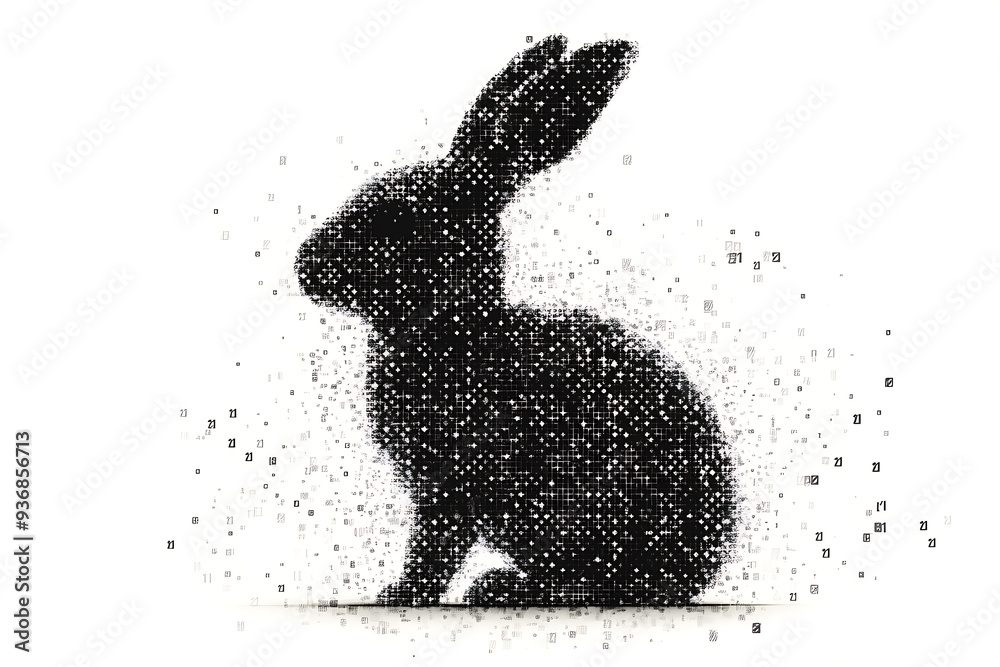 Sticker a futuristic digital illustration of a rabbit silhouette, featuring a binary code pattern and glowin