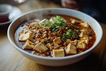 Mapo Tofu, A Sichuan dish made with tofu set in a spicy chili and bean paste sauce, typically containing minced meat.