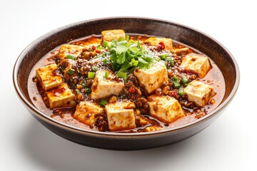 Mapo Tofu, A Sichuan dish made with tofu set in a spicy chili and bean paste sauce, typically containing minced meat. Isolated on White Background