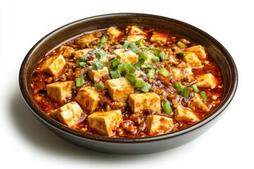 Mapo Tofu, A Sichuan dish made with tofu set in a spicy chili and bean paste sauce, typically containing minced meat. Isolated on White Background