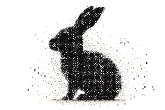 A futuristic digital illustration of a rabbit silhouette, featuring a binary code pattern and glowing effects on a white background.
