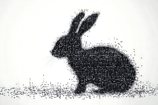 A futuristic digital illustration of a rabbit silhouette, featuring a binary code pattern and glowing effects on a white background.
