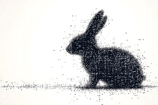 A futuristic digital illustration of a rabbit silhouette, featuring a binary code pattern and glowing effects on a white background.
