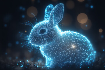 A futuristic digital illustration of a rabbit silhouette, featuring a binary code pattern and glowing effects on a white background.
