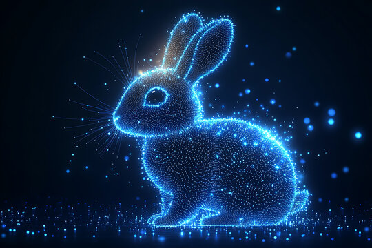 A futuristic digital illustration of a rabbit silhouette, featuring a binary code pattern and glowing effects on a white background.
