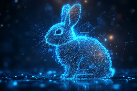 A futuristic digital illustration of a rabbit silhouette, featuring a binary code pattern and glowing effects on a white background.
