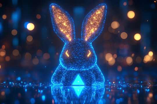 A futuristic digital illustration of a rabbit silhouette, featuring a binary code pattern and glowing effects on a white background.
