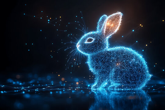 A futuristic digital illustration of a rabbit silhouette, featuring a binary code pattern and glowing effects on a white background.
