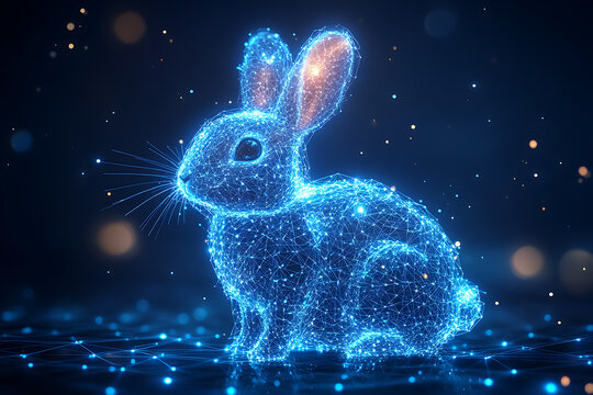 A futuristic digital illustration of a rabbit silhouette, featuring a binary code pattern and glowing effects on a white background.
