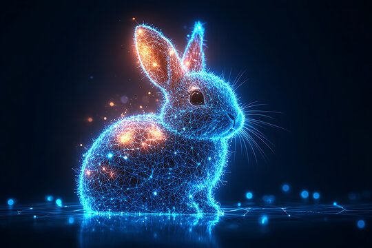 A futuristic digital illustration of a rabbit silhouette, featuring a binary code pattern and glowing effects on a white background.
