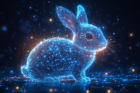 A futuristic digital illustration of a rabbit silhouette, featuring a binary code pattern and glowing effects on a white background.
