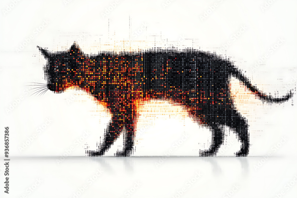 Wall mural a digital illustration of a cat silhouette, featuring a binary code pattern against a white backgrou