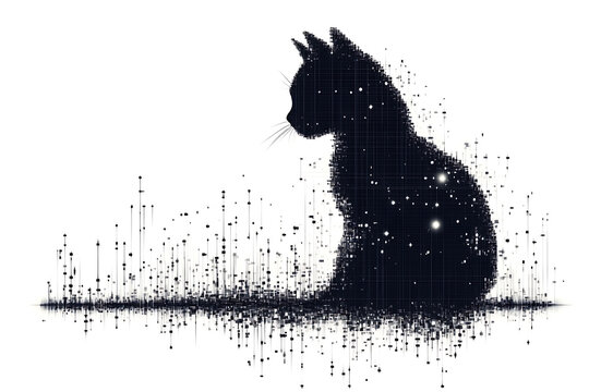 A digital illustration of a cat silhouette, featuring a binary code pattern against a white background, merging feline form with technology.
