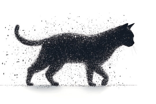 A digital illustration of a cat silhouette, featuring a binary code pattern against a white background, merging feline form with technology.
