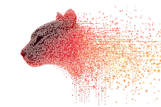 A digital illustration of a cat silhouette, featuring a binary code pattern against a white background, merging feline form with technology.
