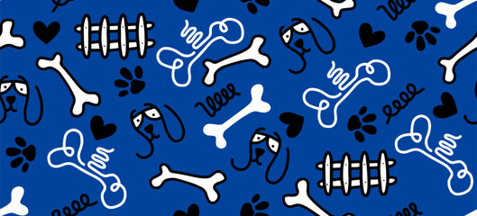Dog Bone vector dog paw doodle Seamless pattern. Packaging paper design, pet food accessories package.