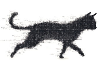 A digital illustration of a cat silhouette, featuring a binary code pattern against a white background, merging feline form with technology.
