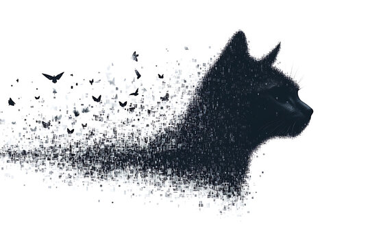 A digital illustration of a cat silhouette, featuring a binary code pattern against a white background, merging feline form with technology.
