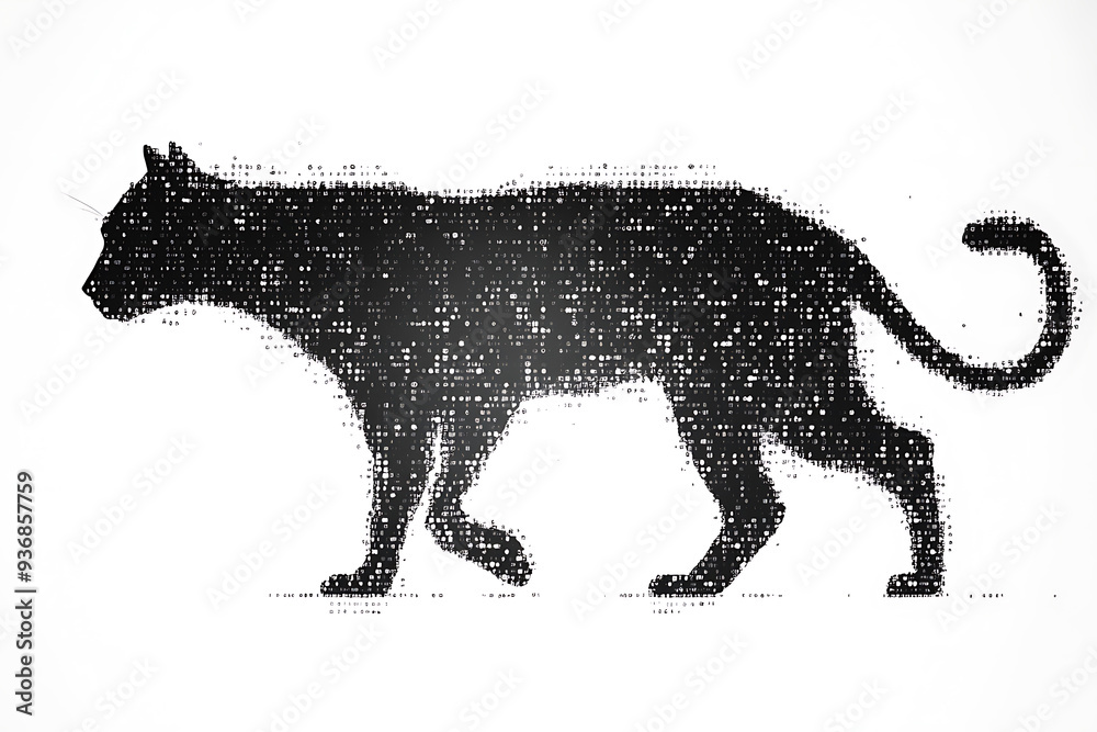 Wall mural A digital illustration of a cat silhouette, featuring a binary code pattern against a white background, merging feline form with technology.
