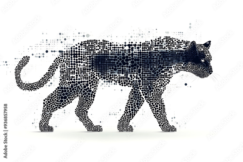Wall mural a digital illustration of a cat silhouette, featuring a binary code pattern against a white backgrou