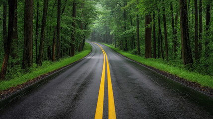 Obraz premium Winding Road Through Misty Woods: An atmospheric photo of a winding road disappearing into a misty forest, lined with tall trees, evoking a sense of mystery and adventure. The road is wet from recent 