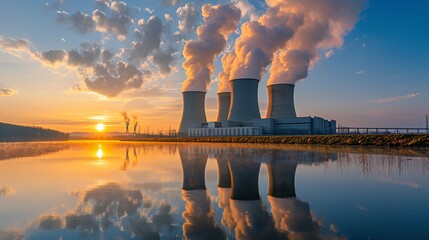A stunning view of cooling towers emitting steam under a colorful sunset, reflecting in calm waters. Captures industrial beauty and environmental themes.