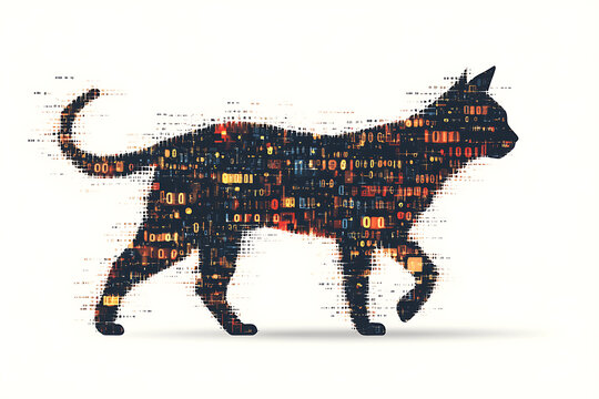 A digital illustration of a cat silhouette, featuring a binary code pattern against a white background, merging feline form with technology.
