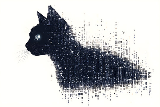 A digital illustration of a cat silhouette, featuring a binary code pattern against a white background, merging feline form with technology.
