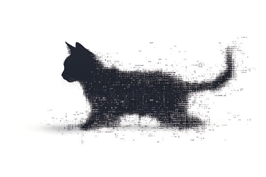 A digital illustration of a cat silhouette, featuring a binary code pattern against a white background, merging feline form with technology.
