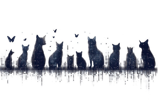 A digital illustration of a cat silhouette, featuring a binary code pattern against a white background, merging feline form with technology.
