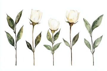 Obraz premium Watercolor Illustration of White Flowers with Green Leaves