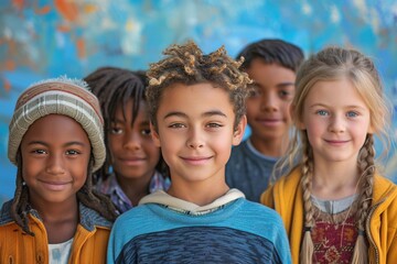 Obraz premium A cheerful group of five children, representing diverse backgrounds, pose together in front of a vibrant mural, showcasing innocence and joy.